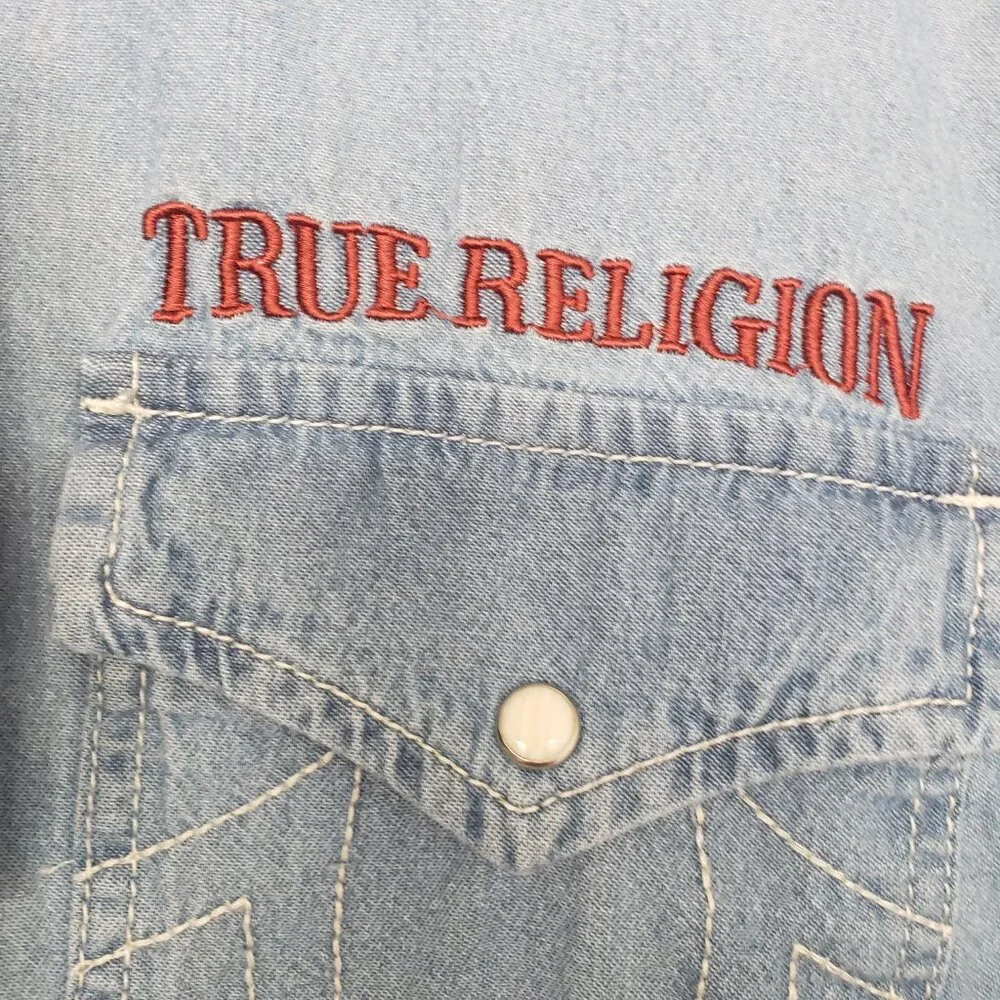 True Religion Men's Chambray Denim Western Pearl Snap Long Sleeve Shirt Sz L NWT